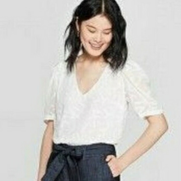 a new day Tops - PUFF SHOULDER V NECK SEMI SHEER TOP